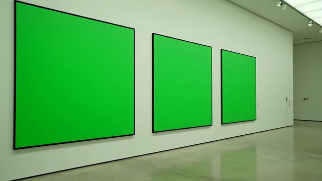 Contemporary art gallery interior with three empty green screen frames on a white wall, customizable chroma key canvases serving as mockup placeholders for artwork or ads