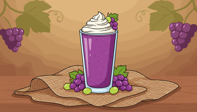 A vibrant and refreshing grape smoothie, topped with whipped cream and garnished with fresh grapes and leaves, presented on a rustic sackcloth over a wooden table, evoking a sense of natural goodness