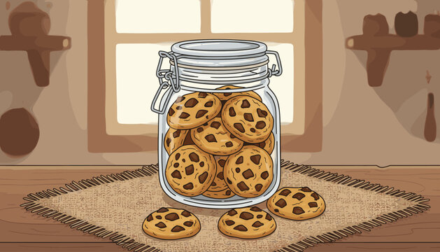 Charming illustration of a rustic glass jar brimming with delicious homemade chocolate chip cookies, set on a textured burlap mat on a wooden table, with a softly blurred kitchen background featuring