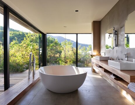 modern bathroom with freestanding bathtub and large window view - Powered by Adobe