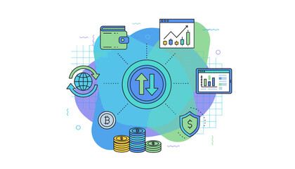 Vibrant vector illustration depicting the dynamic world of digital currency exchange, featuring icons for wallets, global connectivity, financial charts on screens, secure transactions with shield