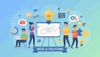 Vibrant vector illustration depicting a collaborative team brainstorming ideas and finding solutions, symbolizing innovation, problem-solving, and effective communication in a modern business