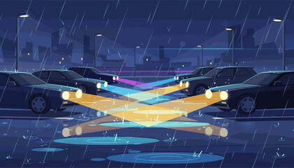 Vibrant car headlights illuminate a rainy night cityscape, casting colorful reflections on wet asphalt and puddles, creating a dynamic and atmospheric urban scene with a modern aesthetic.