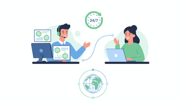 Vibrant vector illustration depicting a male customer service representative wearing a headset and interacting with a female colleague via laptop, symbolizing global 24/7 support and seamless