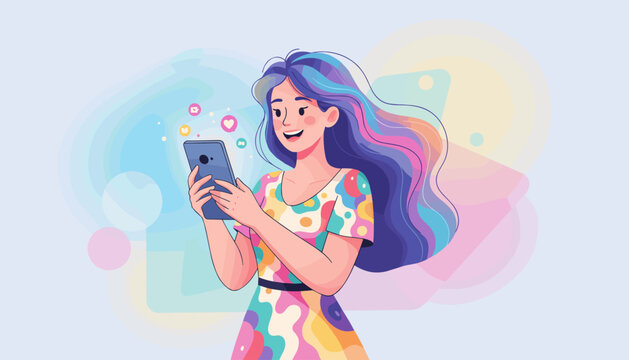 Vibrant young woman with colorful hair joyfully using a smartphone, surrounded by social media icons, representing connection and digital communication in a modern, abstract, and soft-focus