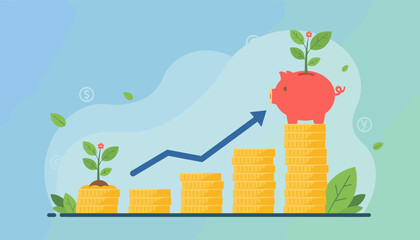 Vibrant illustration of financial growth and investment, featuring stacks of golden coins, a piggy bank, and a rising arrow graph, symbolizing savings, profit, and economic progress with currency