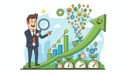 Businessman with magnifying glass analyzing upward trending green arrow graph, symbolizing business growth, financial success, and positive development, with icons of smiling faces, gears, and dollar