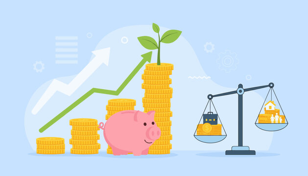 Conceptual illustration of business finance and saving money, symbolizing investment growth with stacked coins, a piggy bank, and a growing plant, alongside a balance scale weighing a briefcase
