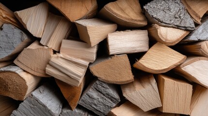 Fototapeta premium A collection of irregularly shaped wood pieces in various shades stacked together, perfect for crafting or decoration