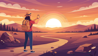 A lone female tourist with a backpack stands on a winding path, capturing a breathtaking sunset landscape with her smartphone, evoking a sense of adventure and wanderlust in a vibrant, stylized