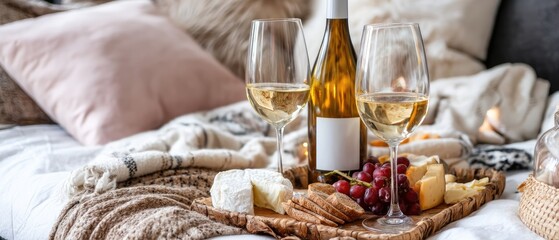 A lovely arrangement of cheese, figs, and grapes beside two glasses of white wine captures a warm and inviting atmosphere in a living room
