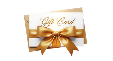 A golden gift card with elegant script and a satin ribbon bow isolated on transparent background