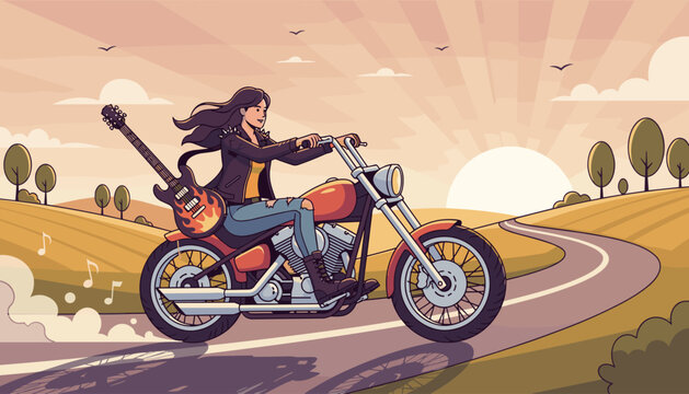 Dynamic illustration of a cool female guitarist riding a classic motorcycle through a scenic countryside landscape at sunset, with her electric guitar strapped to the back, embodying freedom and rock