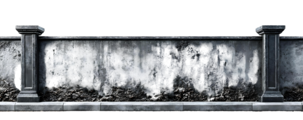 A weathered concrete wall with two square stone pillars stands against a plain white background