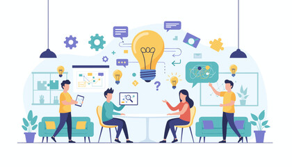 Diverse team of professionals collaborating on innovative business ideas, brainstorming solutions with a giant illuminated lightbulb symbolizing creativity and inspiration, in a modern office setting