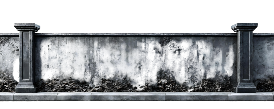 A weathered concrete wall with two square stone pillars stands against a plain white background