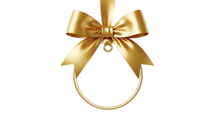 Golden satin ribbon bow with a small ring isolated on transparent background