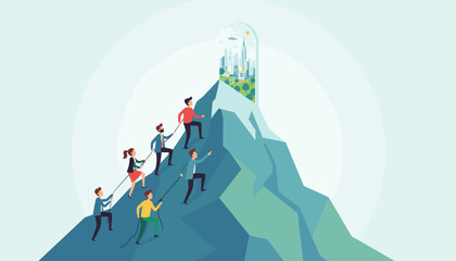 A team of diverse business professionals, dressed in smart casual attire, collaboratively climbing a steep, stylized mountain peak using ropes, symbolizing teamwork, ambition, and overcoming