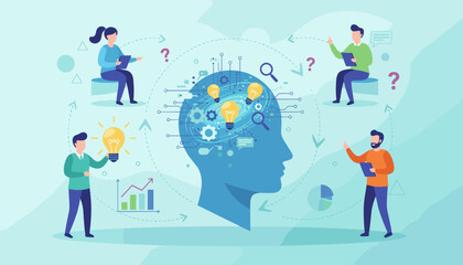 Vivid vector illustration depicting a collaborative business brainstorming session, showcasing innovative ideas symbolized by glowing lightbulbs within a stylized human head, surrounded by diverse