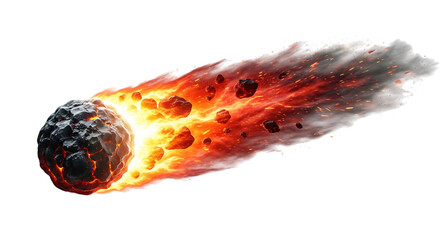 Fiery meteor streaking through the atmosphere with glowing debris isolated on transparent background