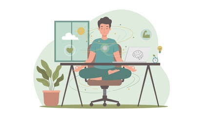 Vivid vector illustration depicting a man meditating in a lotus pose at his desk, surrounded by swirling energy lines, symbolizing mental clarity, focus, and well-being amidst a work environment with