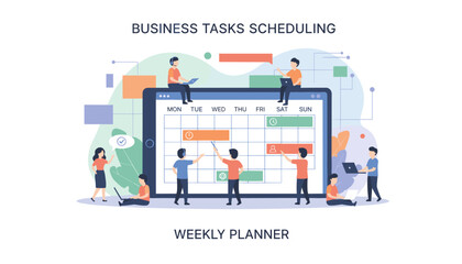Vector illustration of little people characters making a weekly planner on a giant tablet, symbolizing business tasks scheduling, time management, and efficient workflow organization with digital