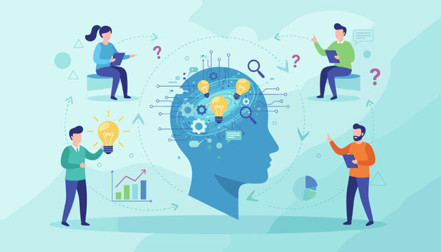 Vivid vector illustration depicting a collaborative business brainstorming session, showcasing innovative ideas symbolized by glowing lightbulbs within a stylized human head, surrounded by diverse