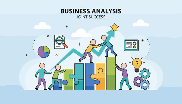 Conceptual vector illustration depicting business analysis and joint success, featuring stylized figures collaborating to climb a bar graph made of puzzle pieces, symbolizing teamwork and