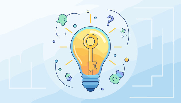 Vivid vector illustration of a creative concept, featuring a glowing light bulb with a golden key inside, symbolizing unlocking ideas and innovation, surrounded by abstract shapes, question marks