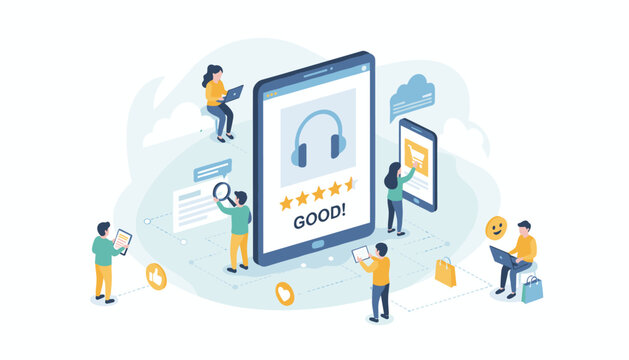 Vivid isometric vector illustration depicting a team of diverse characters engaging with digital devices, showcasing positive customer feedback with star ratings and a "GOOD!" message on a large