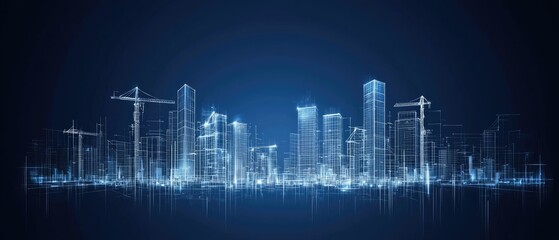 Fototapeta premium Skyscrapers are illustrated in a wireframe style, highlighting architectural details and structure against a deep blue backdrop