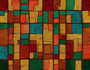 african inspired hand drawn square block tiles pattern with simple geometric lines and shapes bright colorful ethnic print wallpaper background design for black history month juneteenth kwanzaa