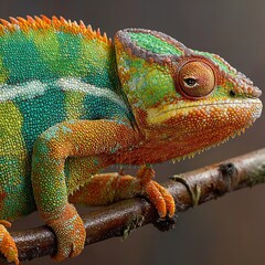 Obraz premium Closeup of a vibrant chameleon with intricate patterns and textures, perched on a branch, showcasing its unique reptilian features and colorful scales in sharp detail