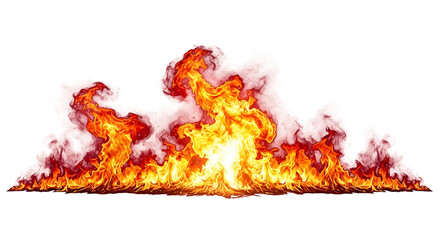 A wide, intense fire burning with vibrant orange and yellow flames, isolated on transparent background