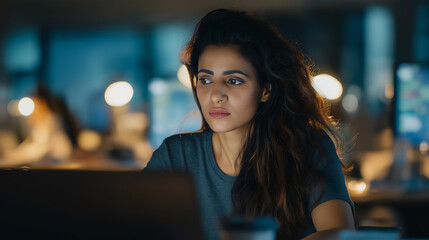 Millennial Indian Asian woman with focused expression, sitting at office desk and working on laptop