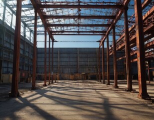 Fototapeta premium Abandoned industrial warehouse interior with rusty steel structure