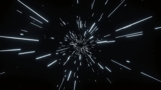 Immersive star flight sequence hurtles viewer through cobalt hyperspace tunnel toward radiant, Abstract sci fi hyperspace jump through streaking lights in deep space, streaking light trails speed
