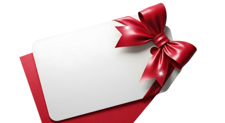 Blank gift tag with red ribbon and bow isolated on transparent background