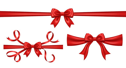 Collection of red satin ribbon bows isolated on transparent background