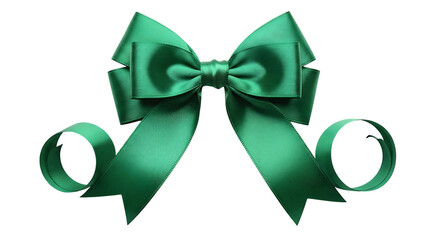 A shiny emerald green satin ribbon bow isolated on transparent background