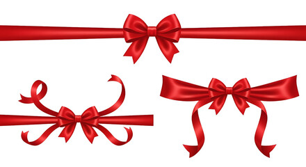 Collection of three red satin ribbon bows isolated on transparent background