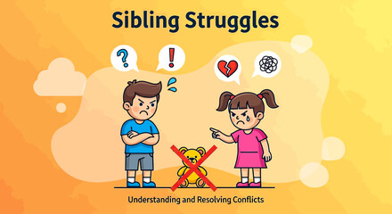 Illustrative sibling rivalry showing upset young girl and angry boy, conflict resolution, family dynamics, children's emotions, understanding feelings, promoting positive relationships, parenting tips