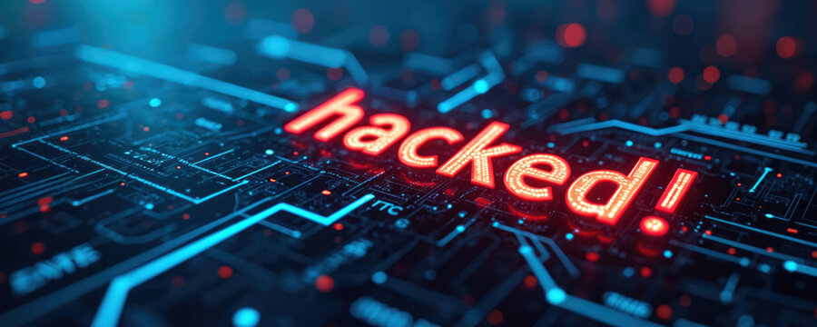 Cybersecurity concept art shows bright red neon text reading hacked. Blue digital circuit board with glowing lights and data lines forms background.