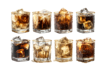 Eight delicious alcoholic beverages featuring refreshing ice cubes in various stylish cocktail glasses perfect for any celebration transparent background