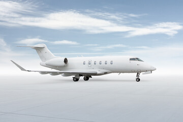 Modern white bizjet isolated on bright background with sky