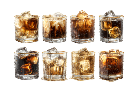 Eight delicious alcoholic beverages featuring refreshing ice cubes in various stylish cocktail glasses perfect for any celebration transparent background