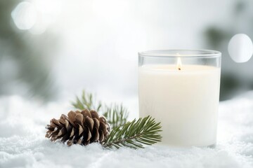 A beautiful candle is sitting quietly in the snow next to a pine cone