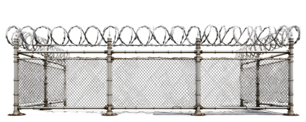 A robust security fence constructed with chain link mesh and topped with coiled barbed wire presented on a plain white background
