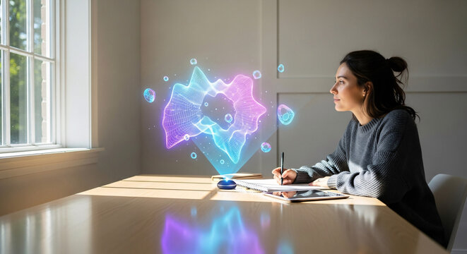 Woman Interacting with Futuristic Holographic Display