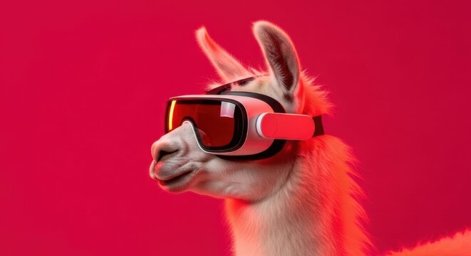 Llama wearing virtual reality goggles against a vibrant pink background captures attention and creativity